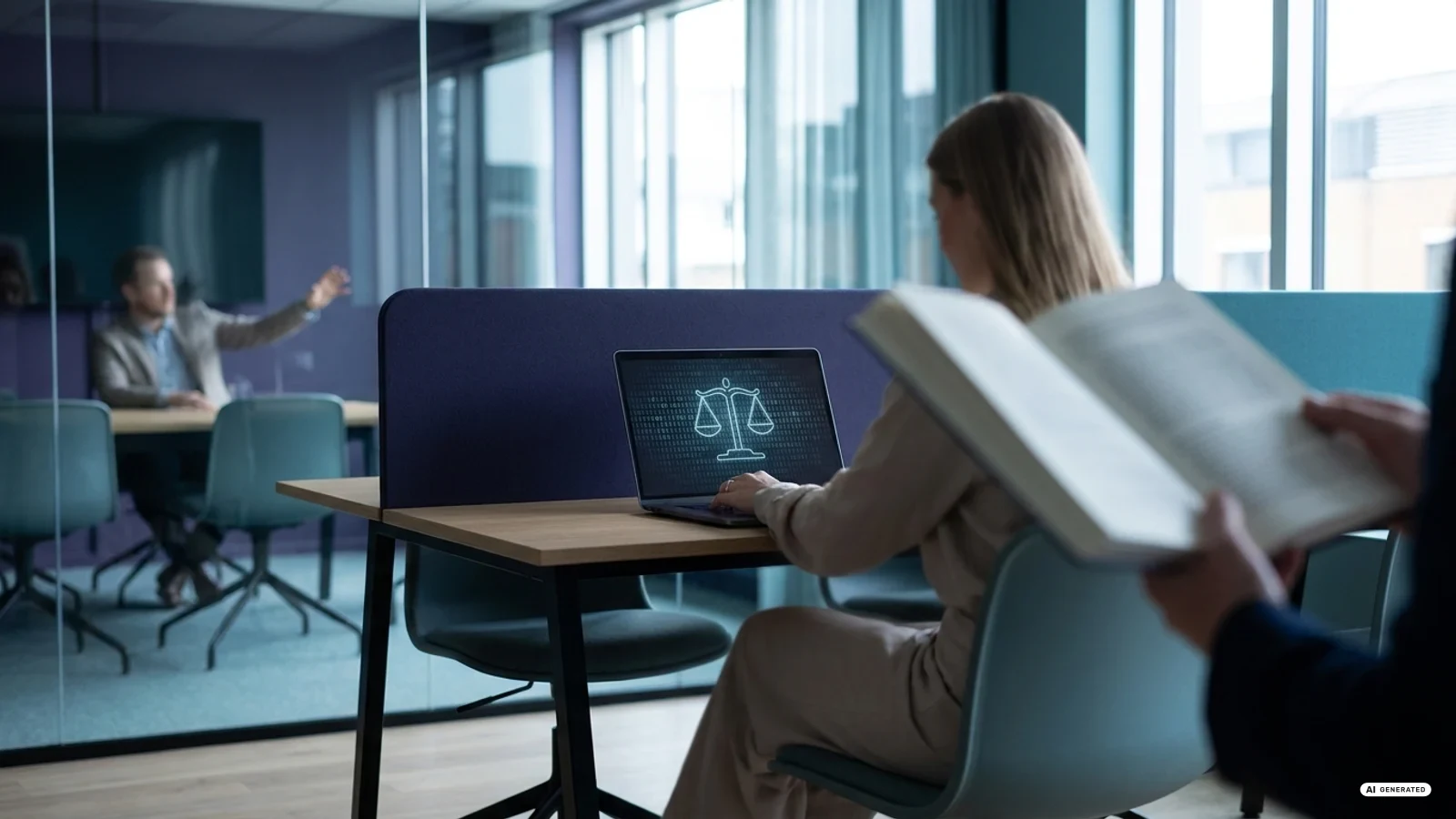 Bilancia della giustizia digitale con libri e codice binario sullo sfondo