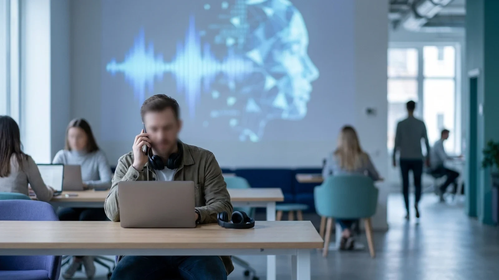 Onde sonore che si trasformano in un volto umano stilizzato, simbolo di voce artificiale