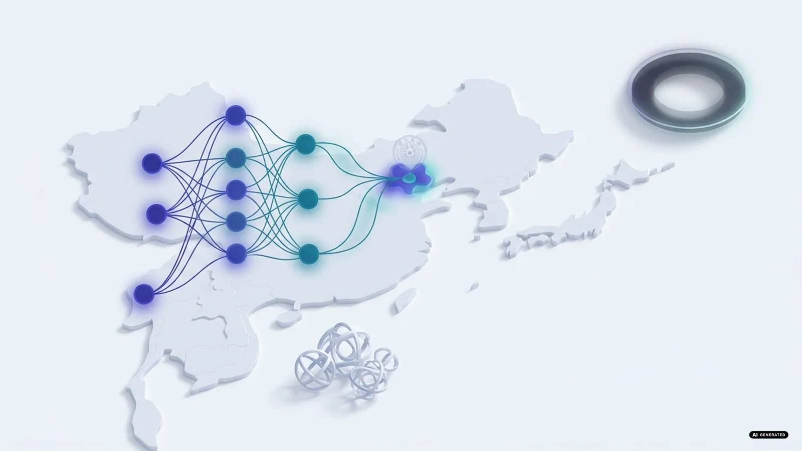 Schema astratto di reti neurali sovrapposto a una mappa stilizzata dell'Asia orientale