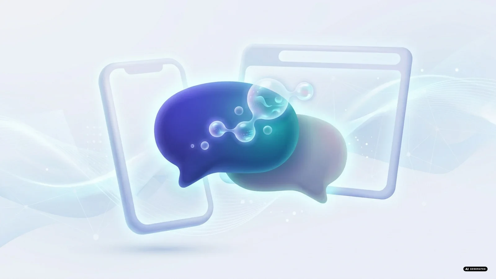 Interfaccia di un chatbot AI con bolle di testo, sfondo blu digitale astratto
